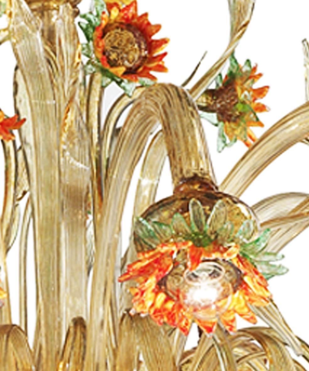 Venetian Scenographic "Sunflowers" Amber And Green Murano Glass Chandelier photo vinterior