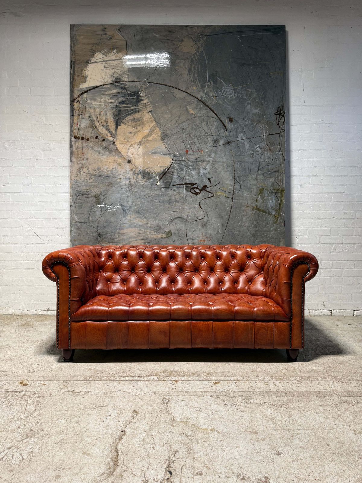 Fully Restored Late 20thc Chesterfield 3 Piece Suite In Hand Dyed Cognac photo for sale