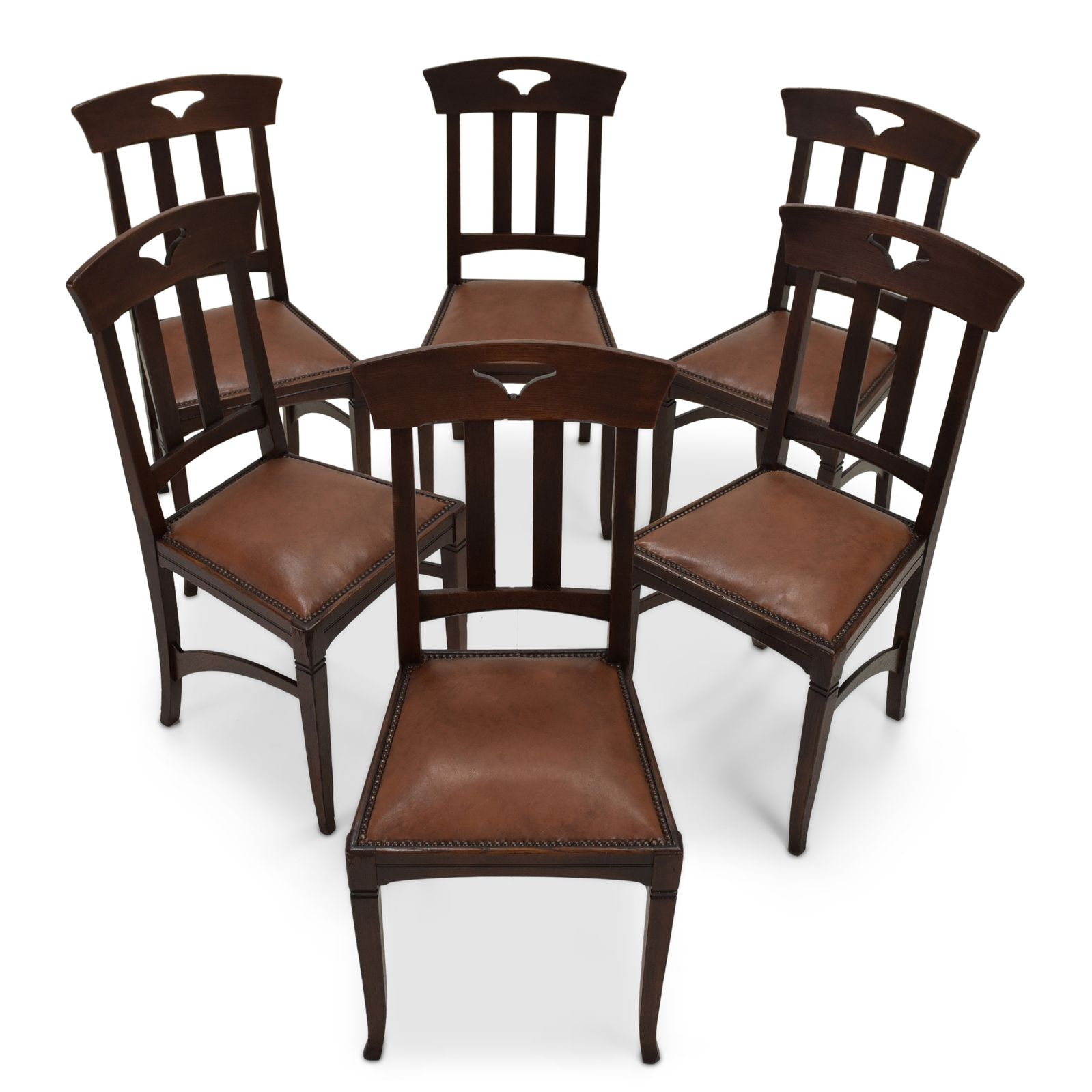 Antique! Set Of 6 Art Nouveau Chairs, Restored, Solid Oak, Faux Leather, Dining Room