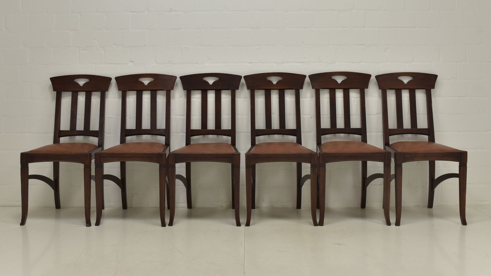 Antique! Set Of 6 Art Nouveau Chairs, Restored, Solid Oak, Faux Leather, Dining Room photo furniture