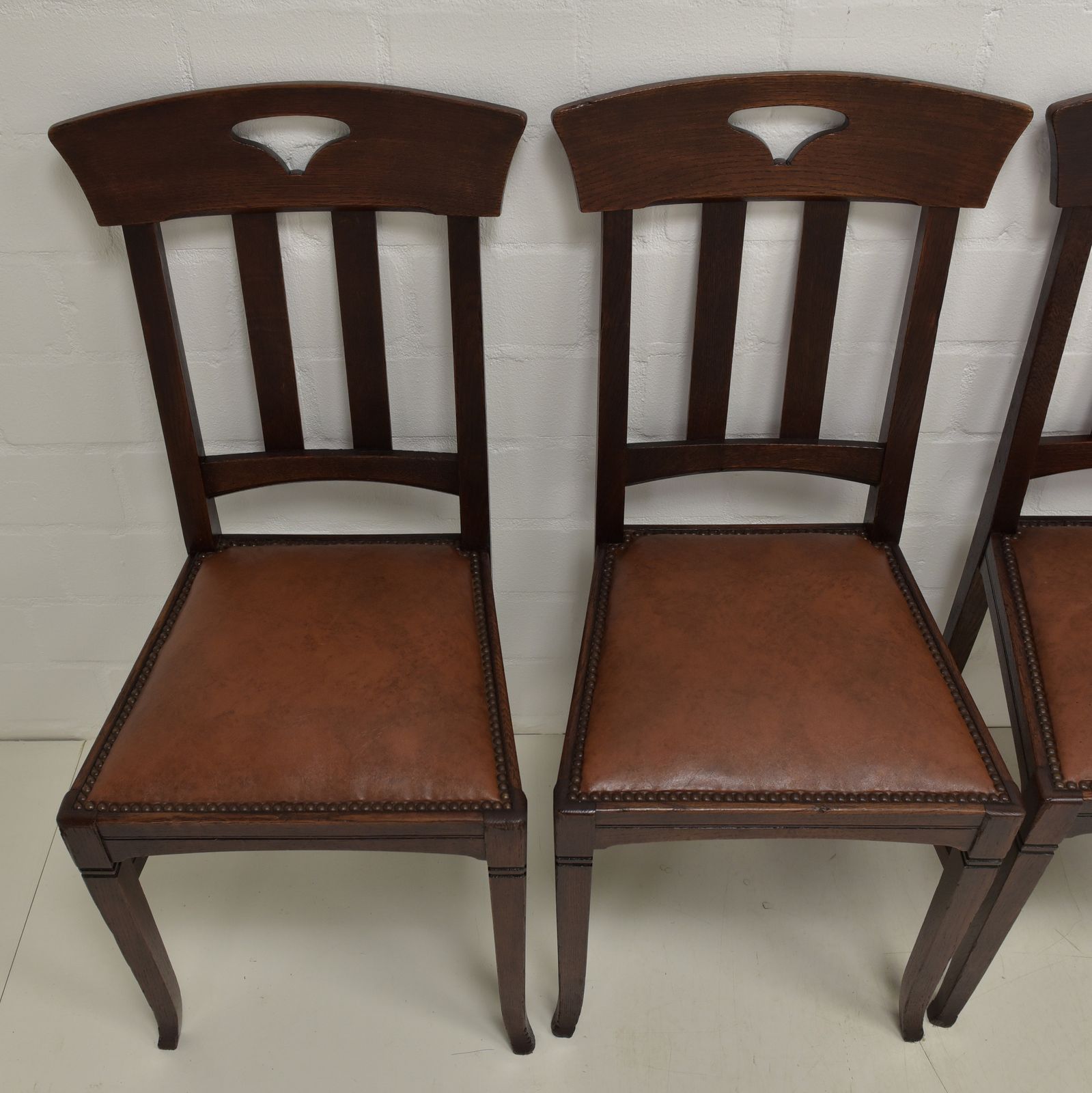 Antique! Set Of 6 Art Nouveau Chairs, Restored, Solid Oak, Faux Leather, Dining Room photo for sale