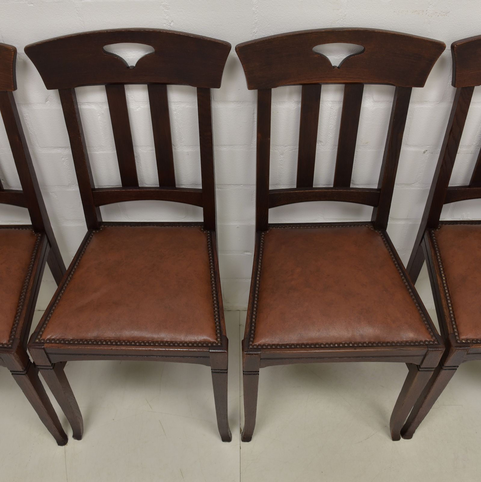 Antique! Set Of 6 Art Nouveau Chairs, Restored, Solid Oak, Faux Leather, Dining Room photo Furniture