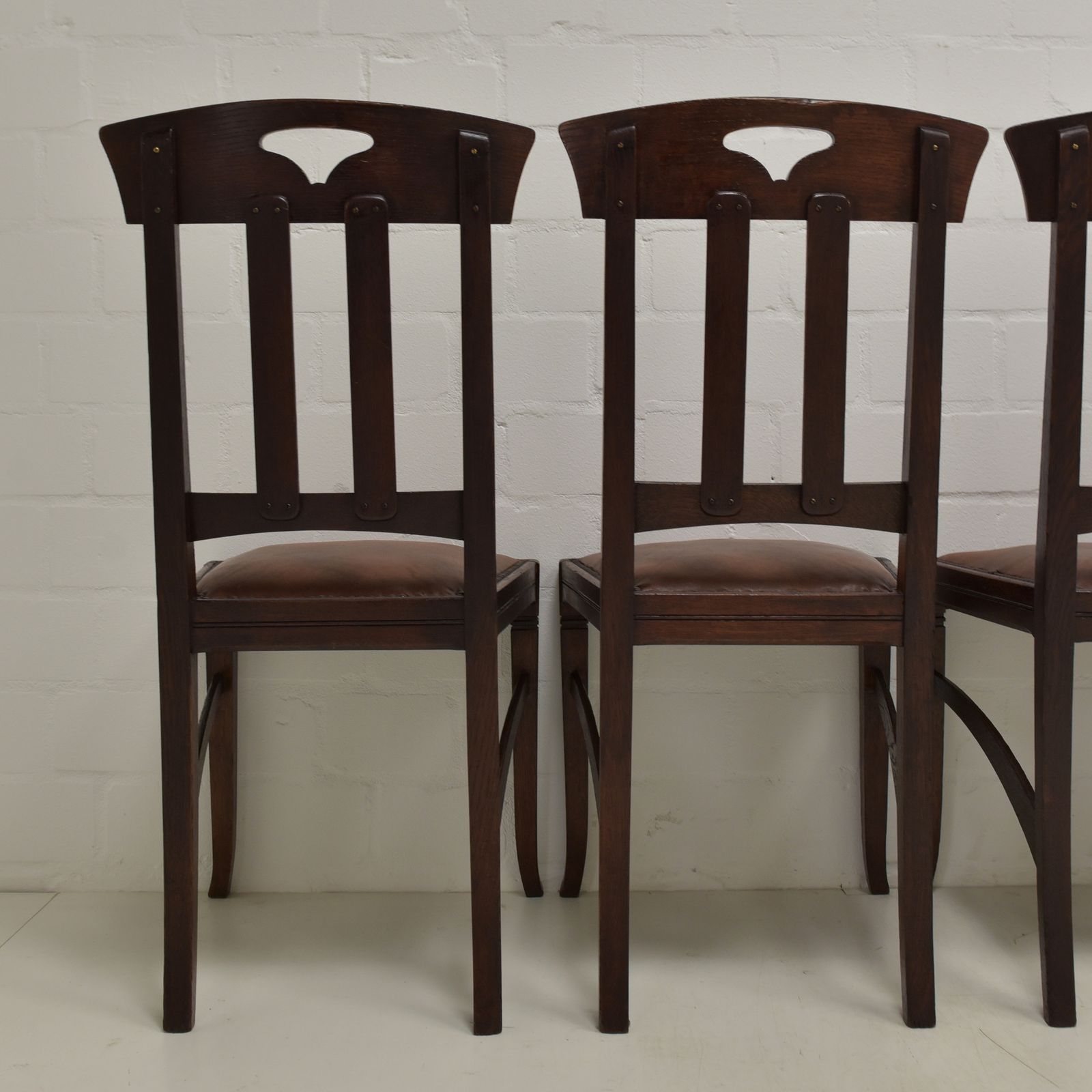 Antique! Set Of 6 Art Nouveau Chairs, Restored, Solid Oak, Faux Leather, Dining Room photo vinterior