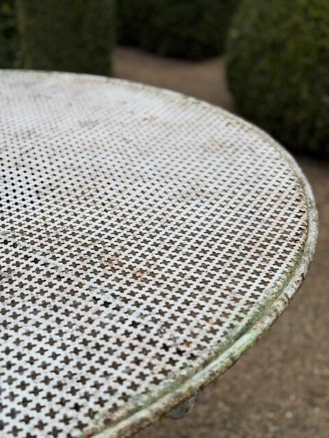 Set Of White Circular French Wrought Iron Garden Table & Four Matching Chairs photo for sale