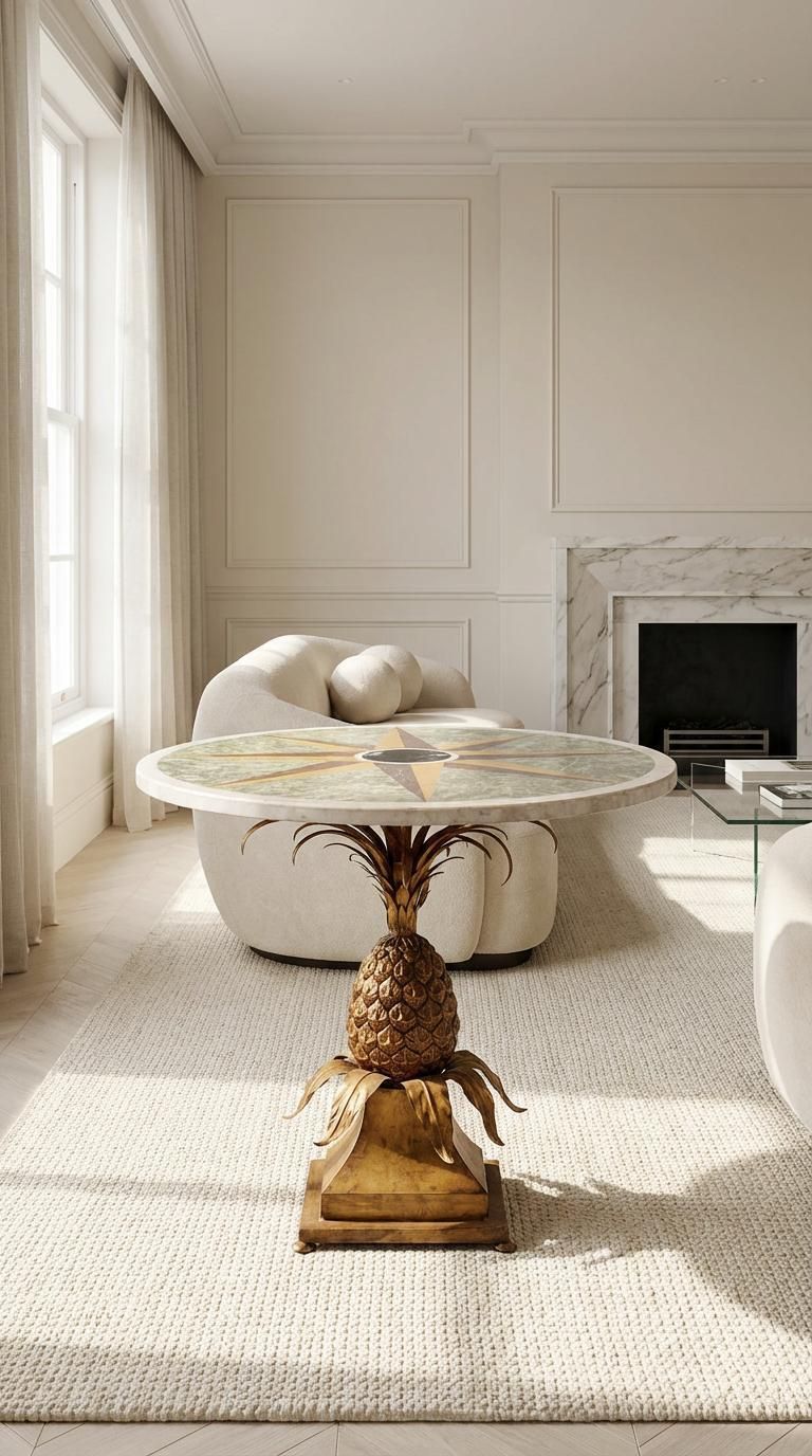 French 1945 50's Pedestal Pineapple Table With A Wind Rose Marquetry Top photo for sale