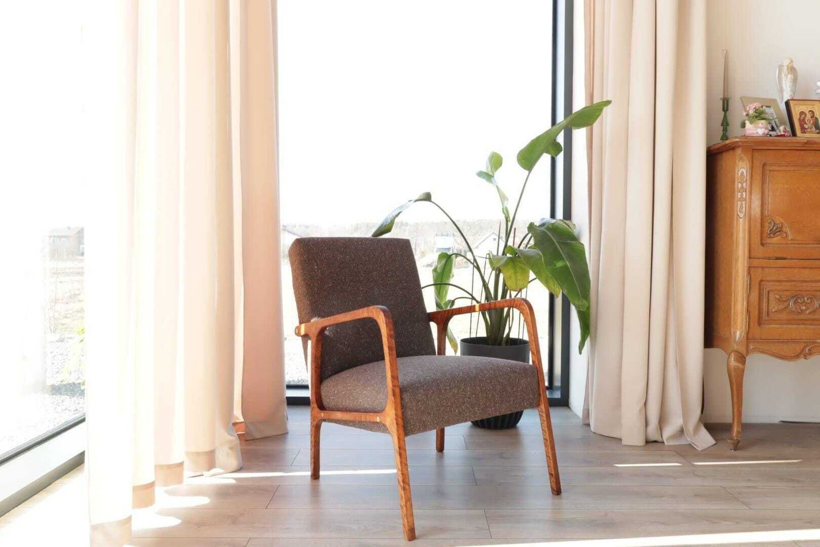 Mid Century Armchair Cacao Tweed Upholstery, 1960, Poland photo furniture
