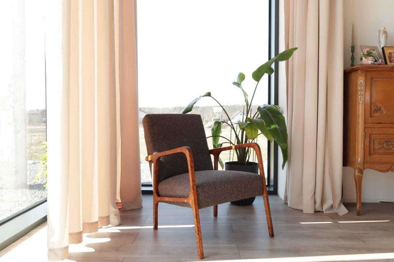 Mid Century Armchair Cacao Tweed Upholstery, 1960, Poland photo Furniture