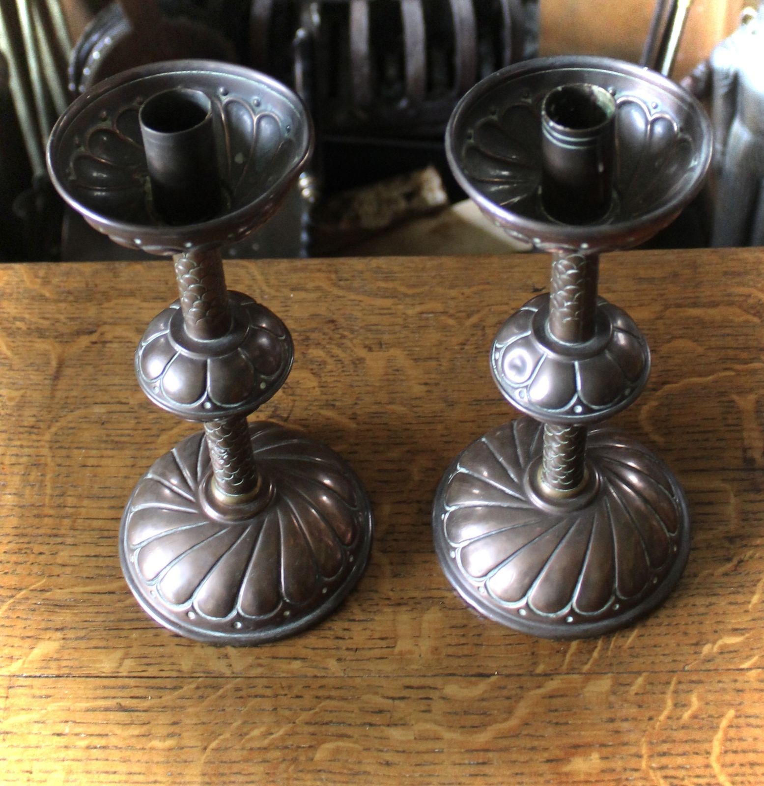 Arts And Crafts Pair Of Copper Candlesticks, Circa 1900 photo furniture