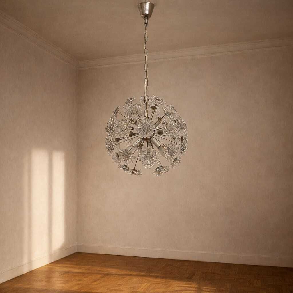 Sputnik Dandelion Chandelier Glass Chrome Emil Stejnar Style 1970s Czechoslovakia.