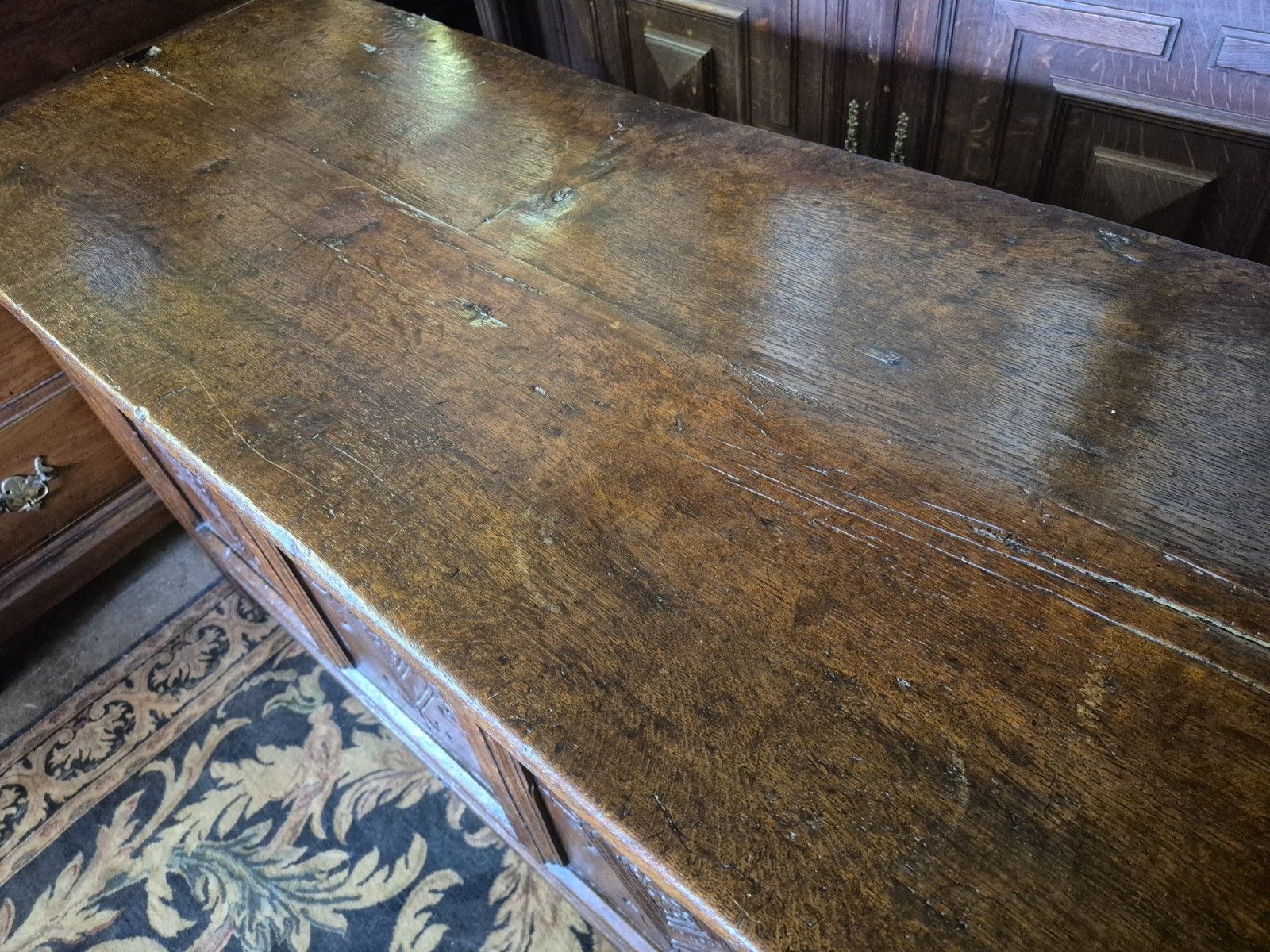 photo furniture A Super & Generous 18th Century Three Plank Coffer Penny Hinge Top Carved Panels