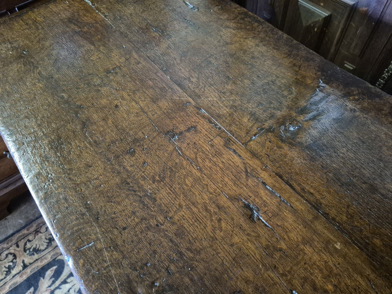 395.0 A Super & Generous 18th Century Three Plank Coffer Penny Hinge Top Carved Panels photo