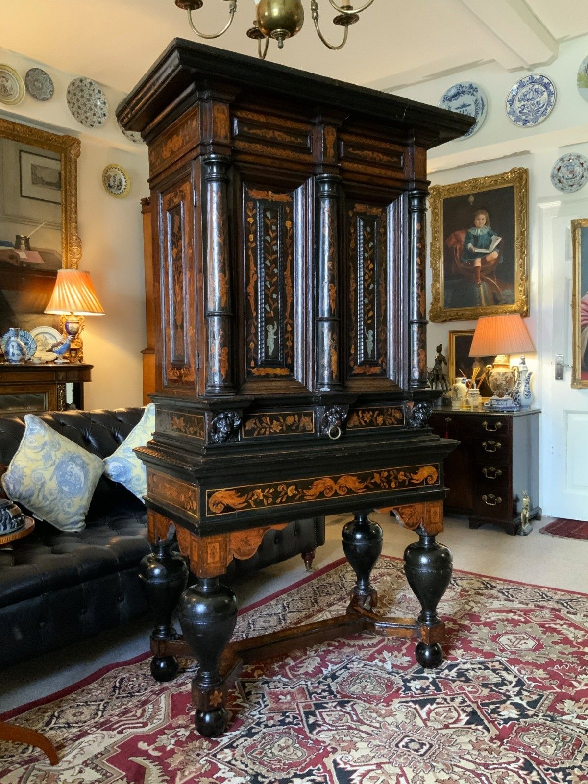 17th Century Dutch Baroque Marquetry Cabinet On Stand Floral And Pewter Inlay