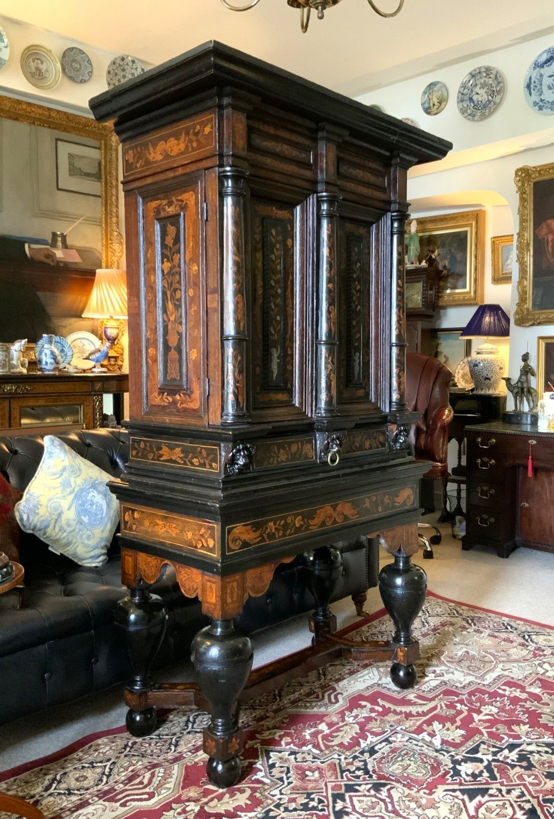 17th Century Dutch Baroque Marquetry Cabinet On Stand Floral And Pewter Inlay photo for sale