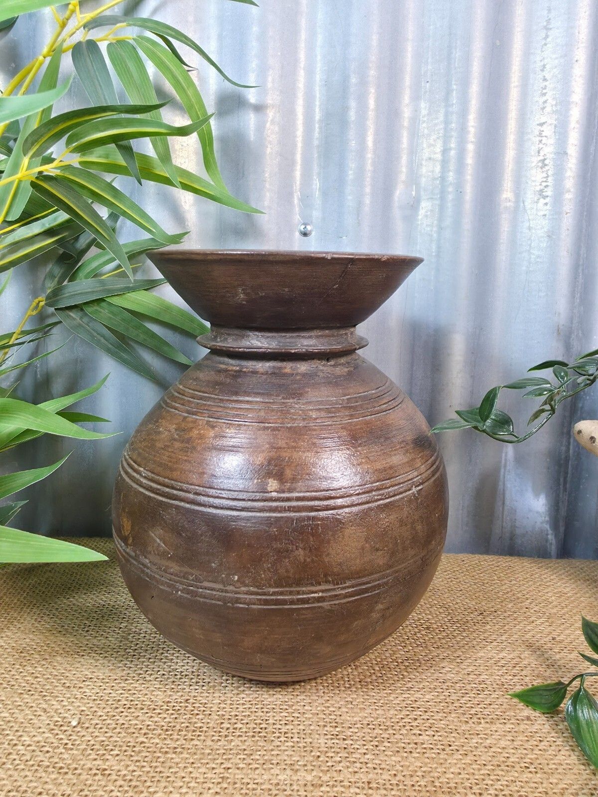 Vintage Antique Wabi Sabi Rustic Nepalese Turned Wooden Milk Water Curd Pot Vase photo furniture