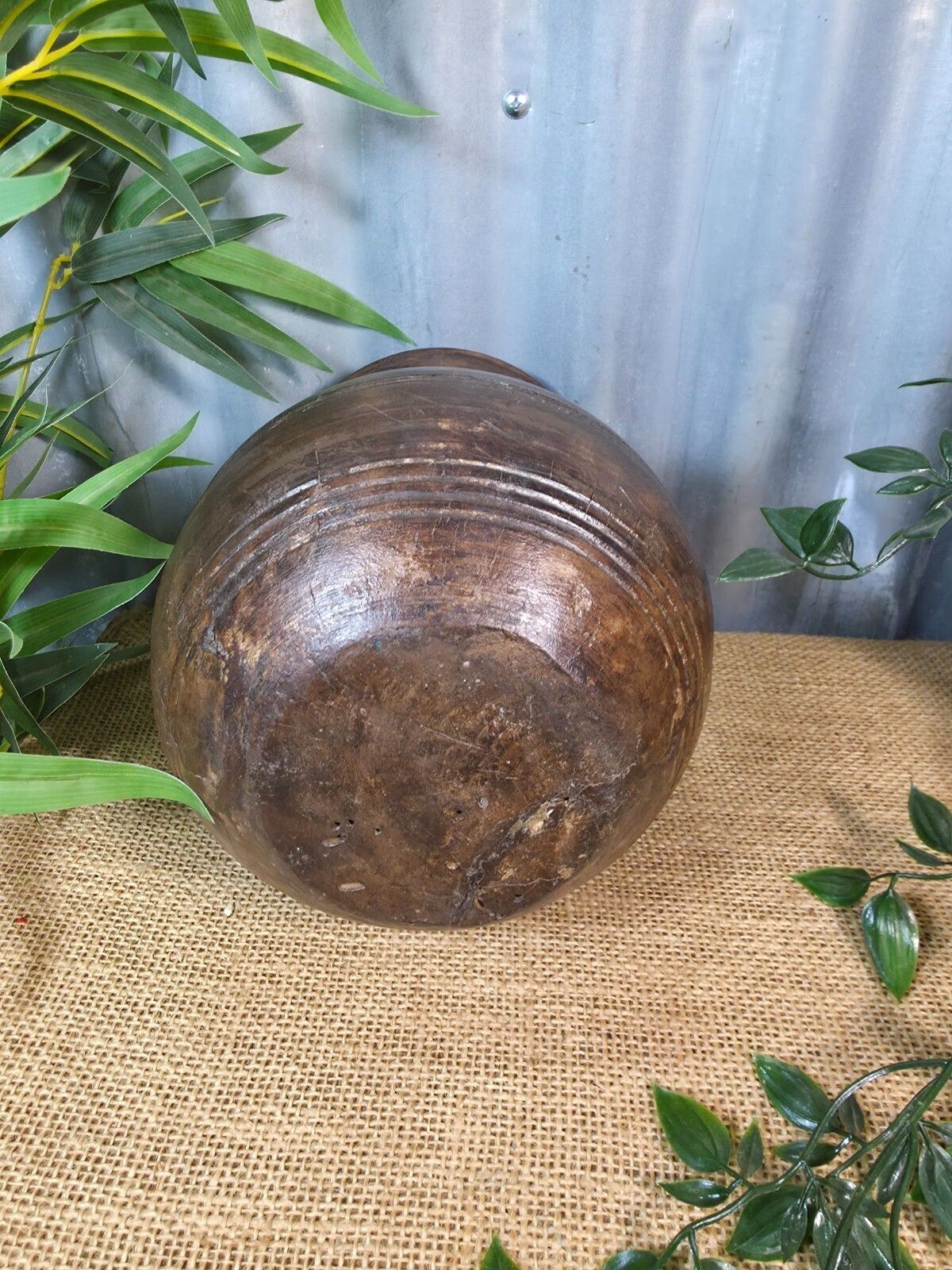 Vintage Antique Wabi Sabi Rustic Nepalese Turned Wooden Milk Water Curd Pot Vase photo vintage