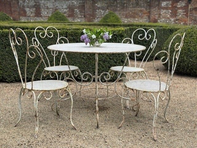 Set Of White Circular French Wrought Iron Garden Table & Four Matching Chairs