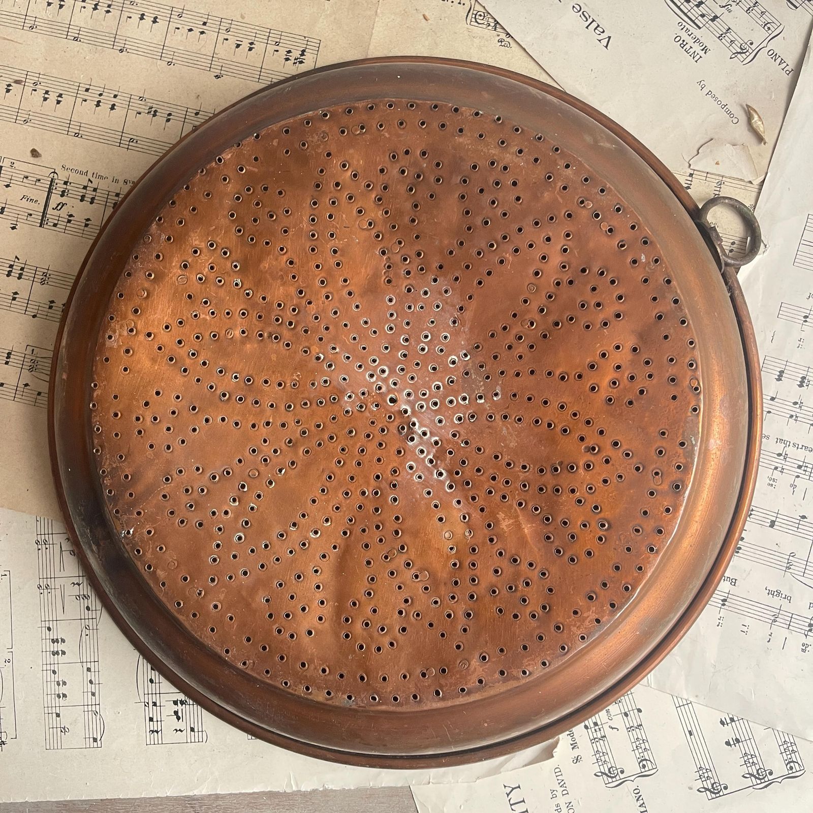 Antique French Copper Sieve   Wall Hanging Colander   Farmhouse Country Kitchen Decor photo 73.0