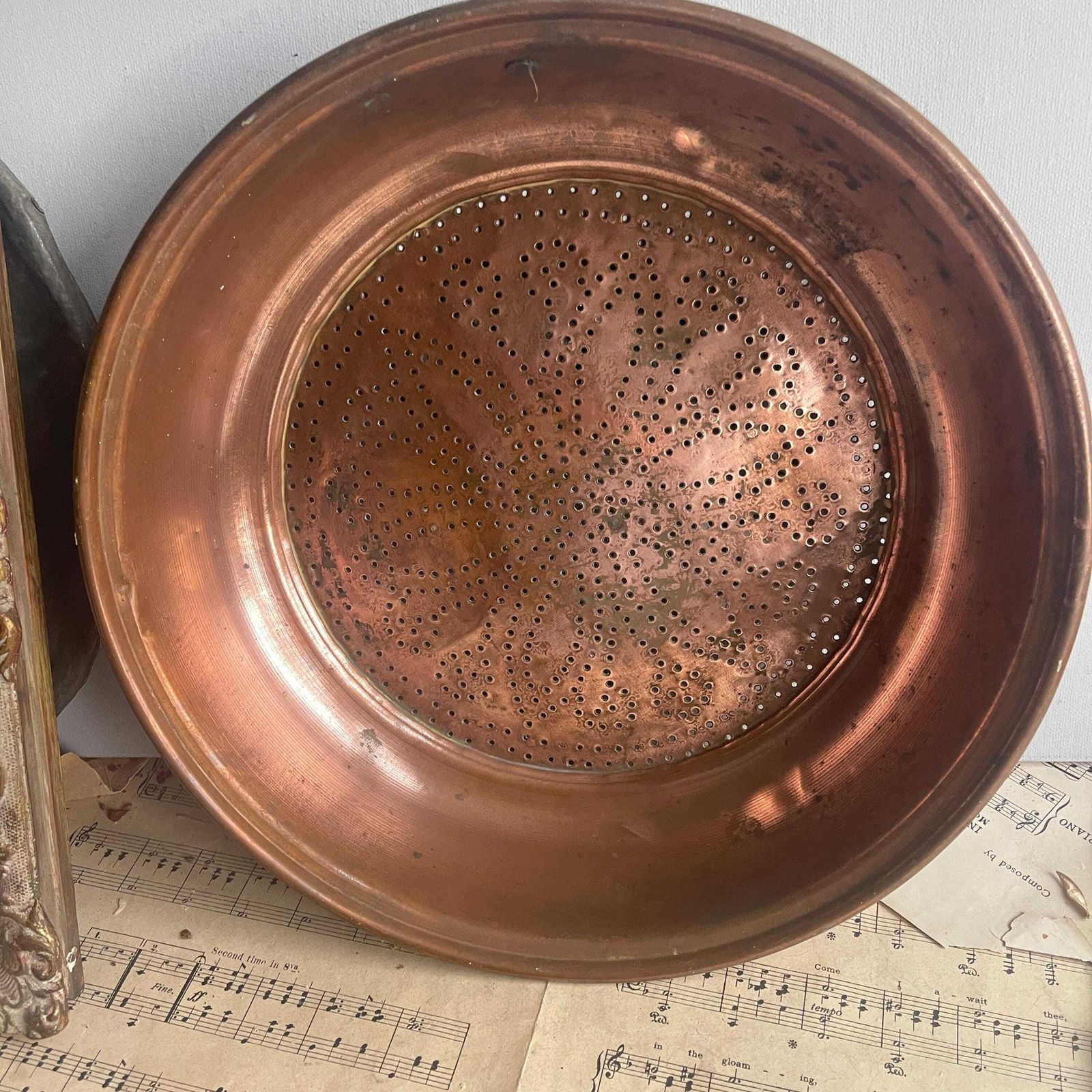 Antique French Copper Sieve   Wall Hanging Colander   Farmhouse Country Kitchen Decor photo buy
