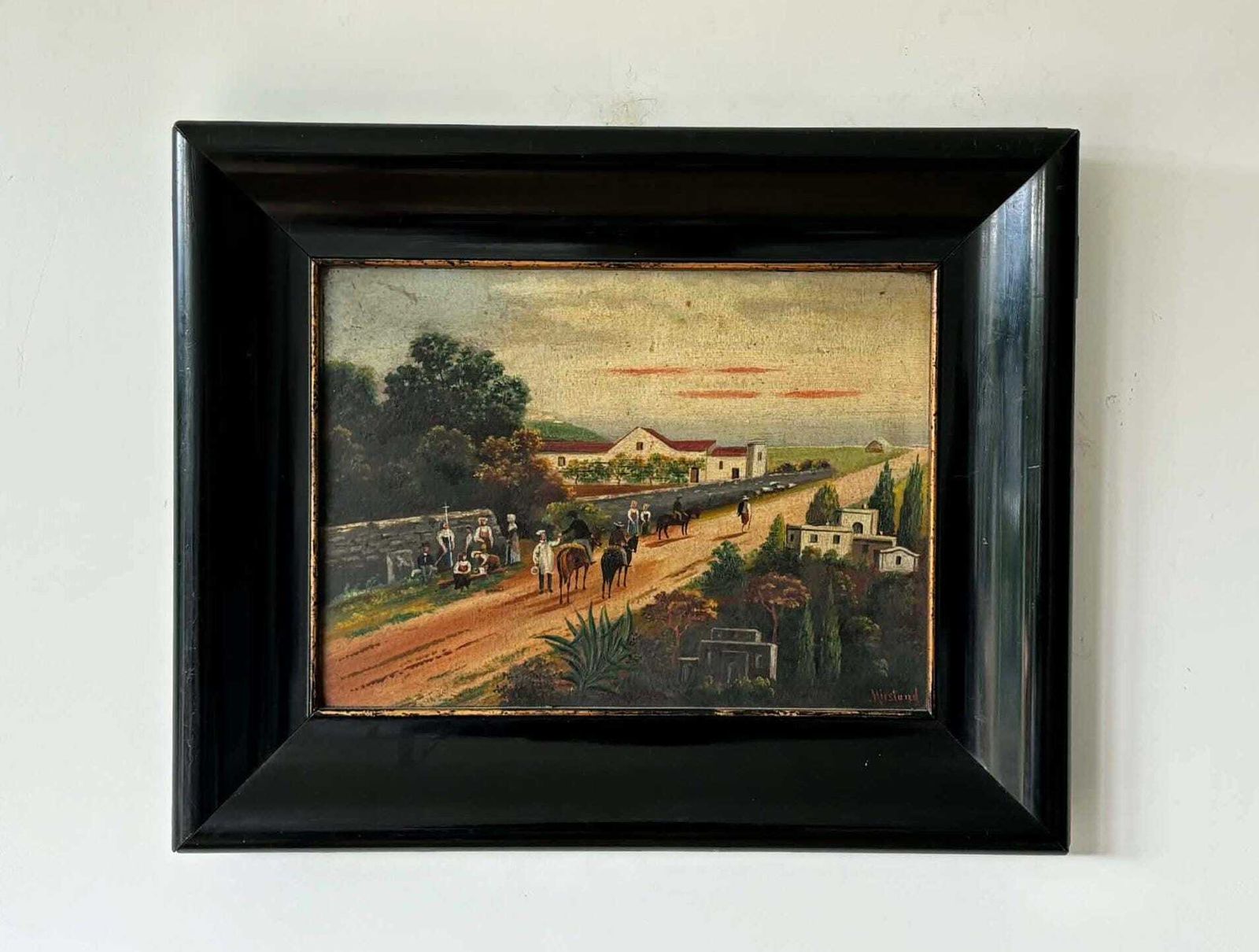 Antique Framed Oil Painting, European Countryside Scene With Horse Riders, Signed Painting