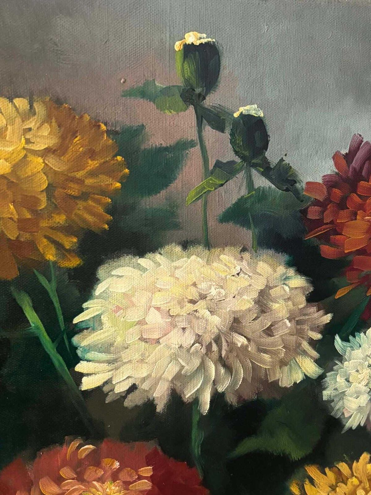 Vintage Elegant Floral Still Life Oil Painting, Chrysanthemums In Vase, Signed Wall Art photo 437.0