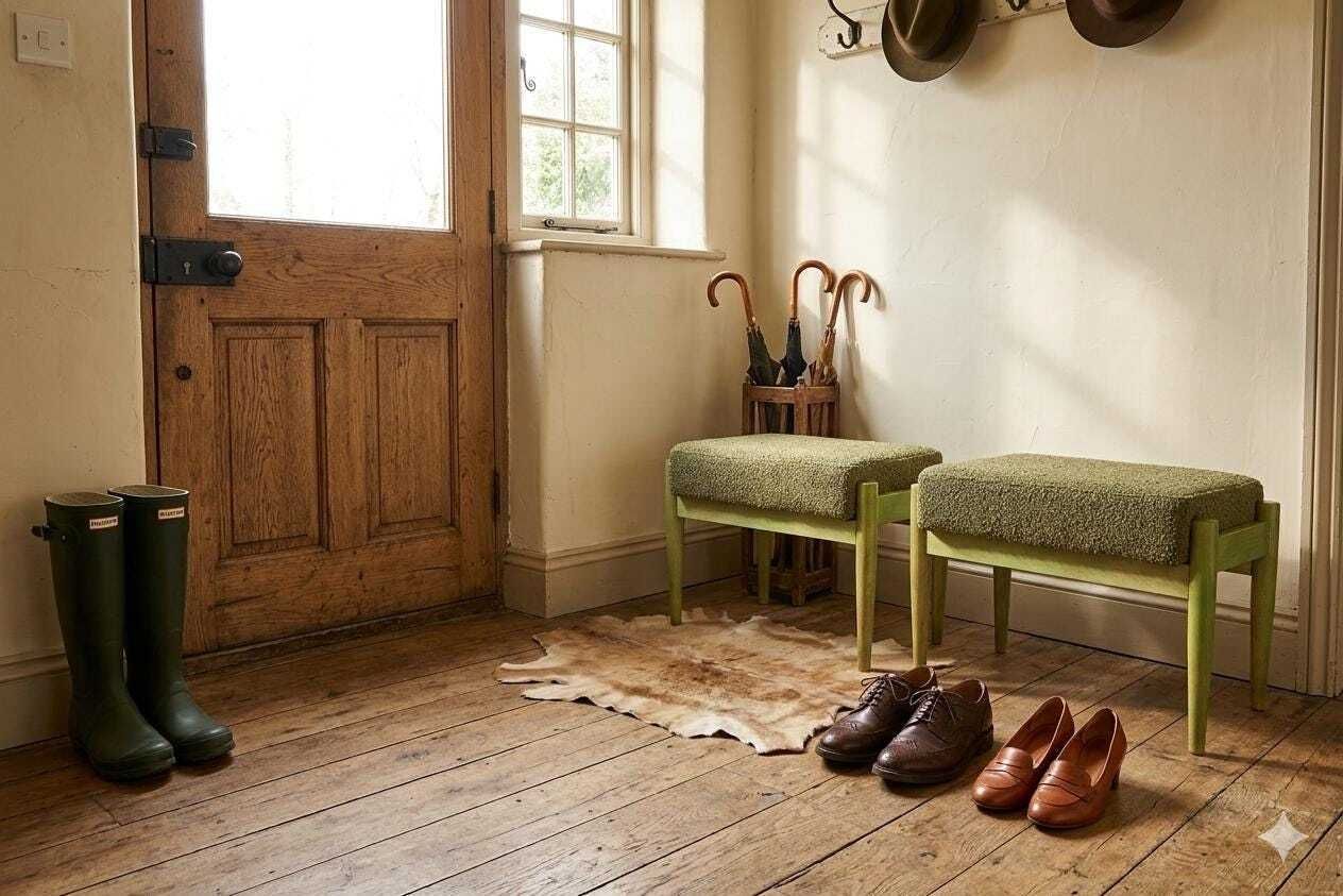 Set Of Two Vintage Style Footstools, Unique Design Green Wood And Bouclé Upholstery