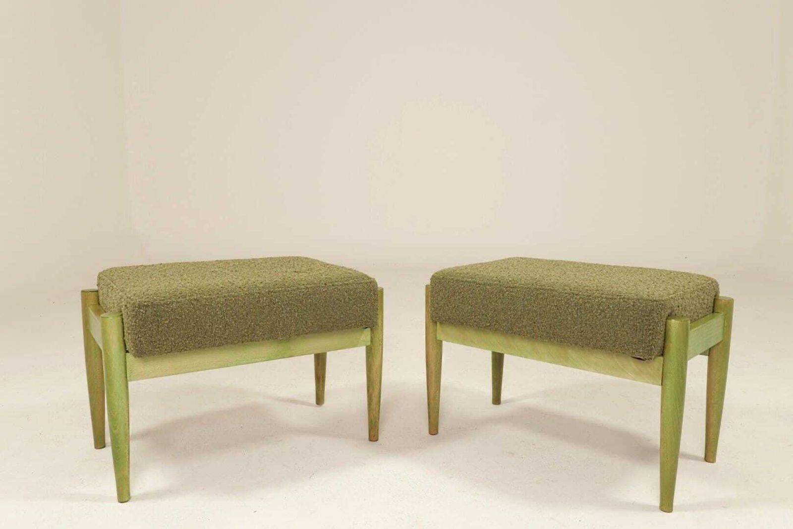 Set Of Two Vintage Style Footstools, Unique Design Green Wood And Bouclé Upholstery photo furniture