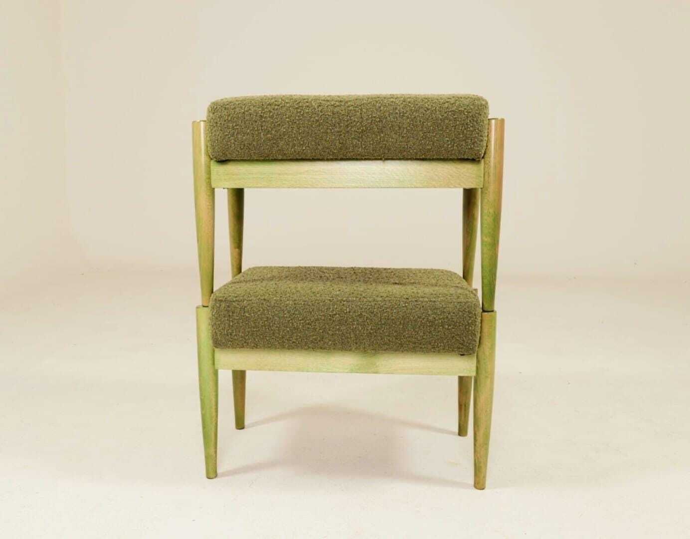Set Of Two Vintage Style Footstools, Unique Design Green Wood And Bouclé Upholstery photo Furniture