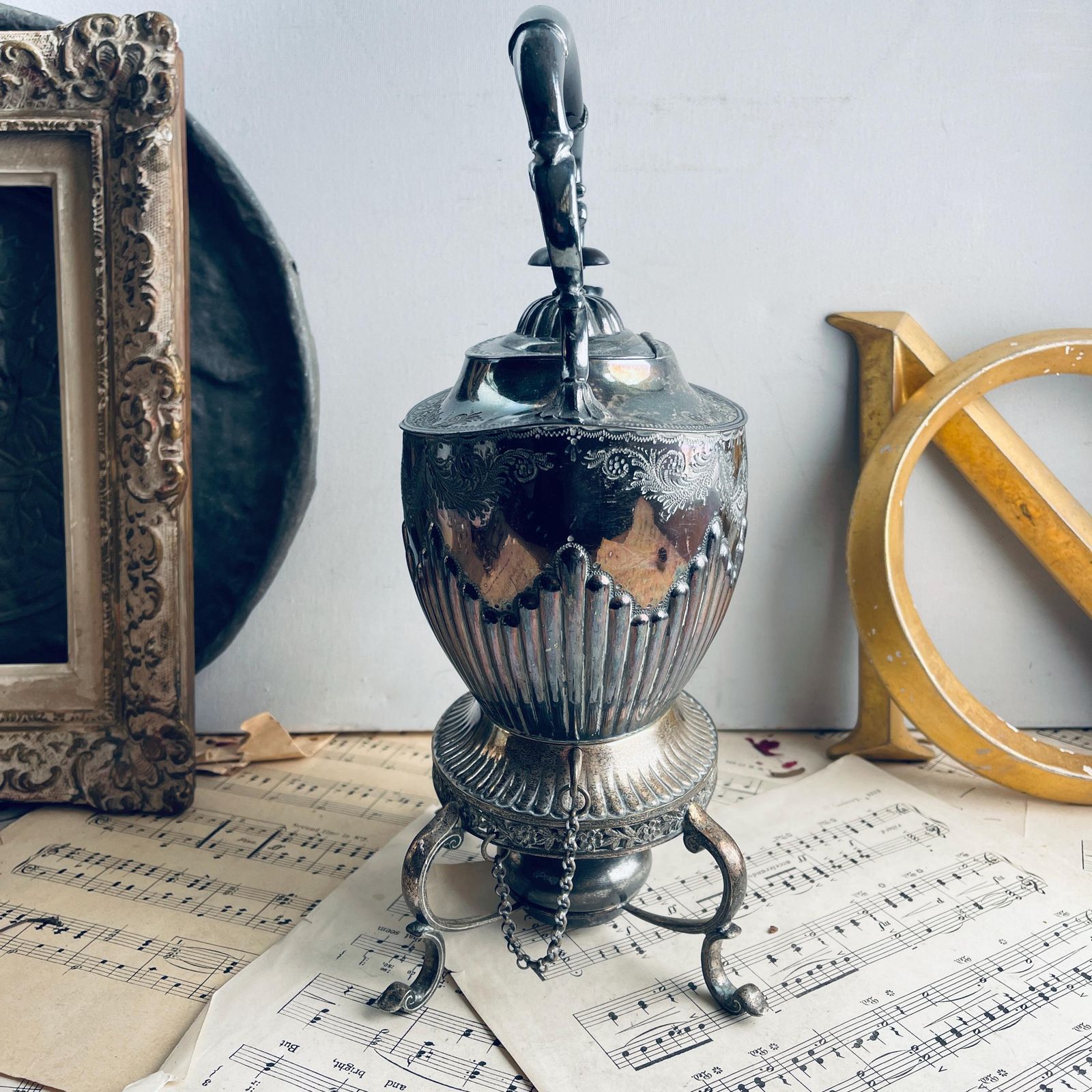 Antique Silver Plated Spirit Kettle On Stand. Victorian. Israel Sigmund Greenberg. Photo Props. Downton Abbey. Afternoon Tea Party photo furniture