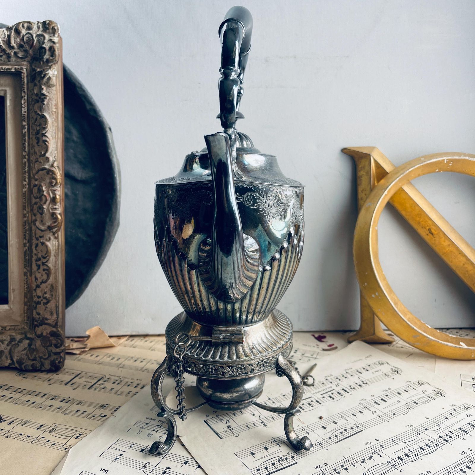 Antique Silver Plated Spirit Kettle On Stand. Victorian. Israel Sigmund Greenberg. Photo Props. Downton Abbey. Afternoon Tea Party photo for sale