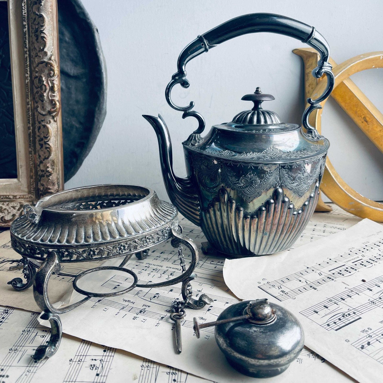 photo furniture Antique Silver Plated Spirit Kettle On Stand. Victorian. Israel Sigmund Greenberg. Photo Props. Downton Abbey. Afternoon Tea Party