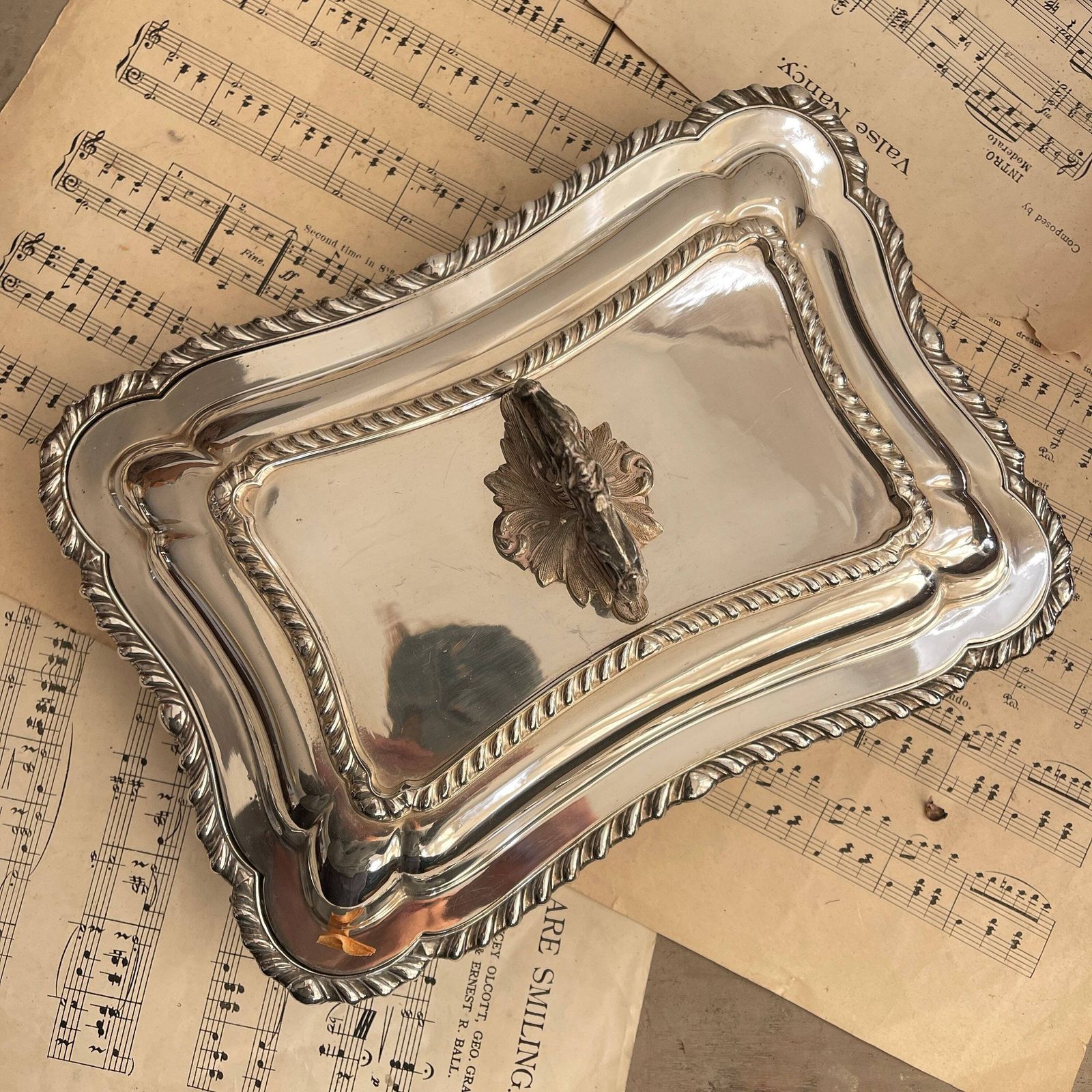 Antique Silver Plated Lidded Tureen. Atkin Brothers. Shabby Chic. Entree Dish. Rectangular Serving Platter. Food Photo Prop photo for sale