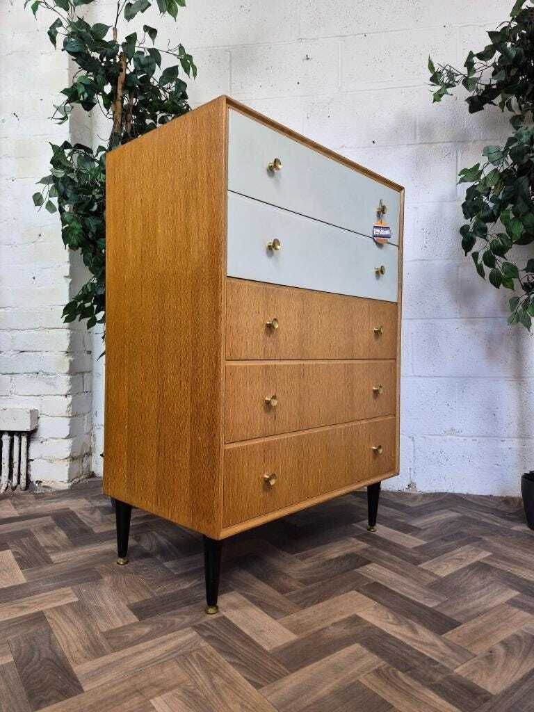 Vintage Mid Century Meredew Oak & White Chest Of 5 Drawers Tallboy Retro Scandi photo Furniture