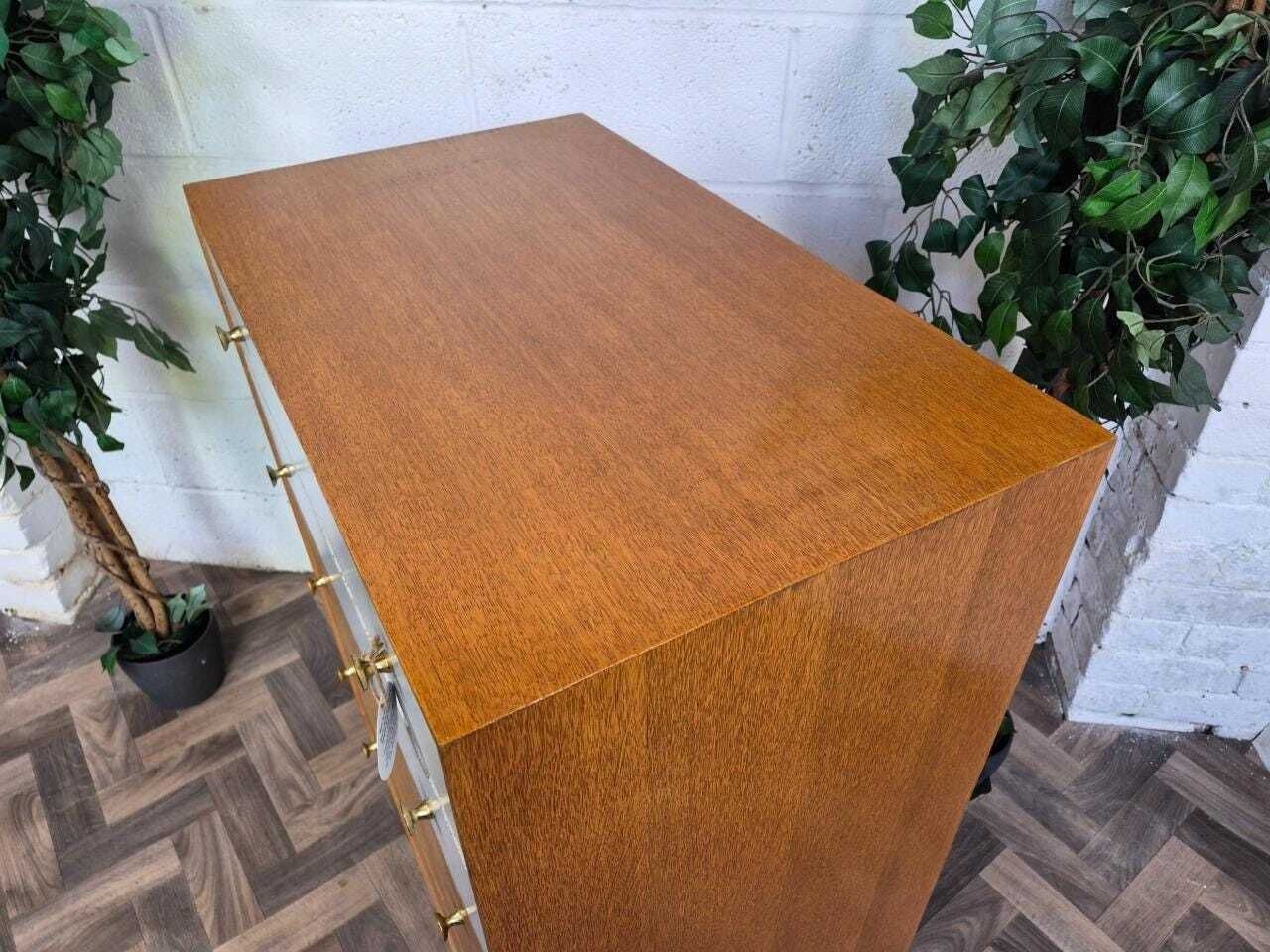 Vintage Mid Century Meredew Oak & White Chest Of 5 Drawers Tallboy Retro Scandi photo 345.0