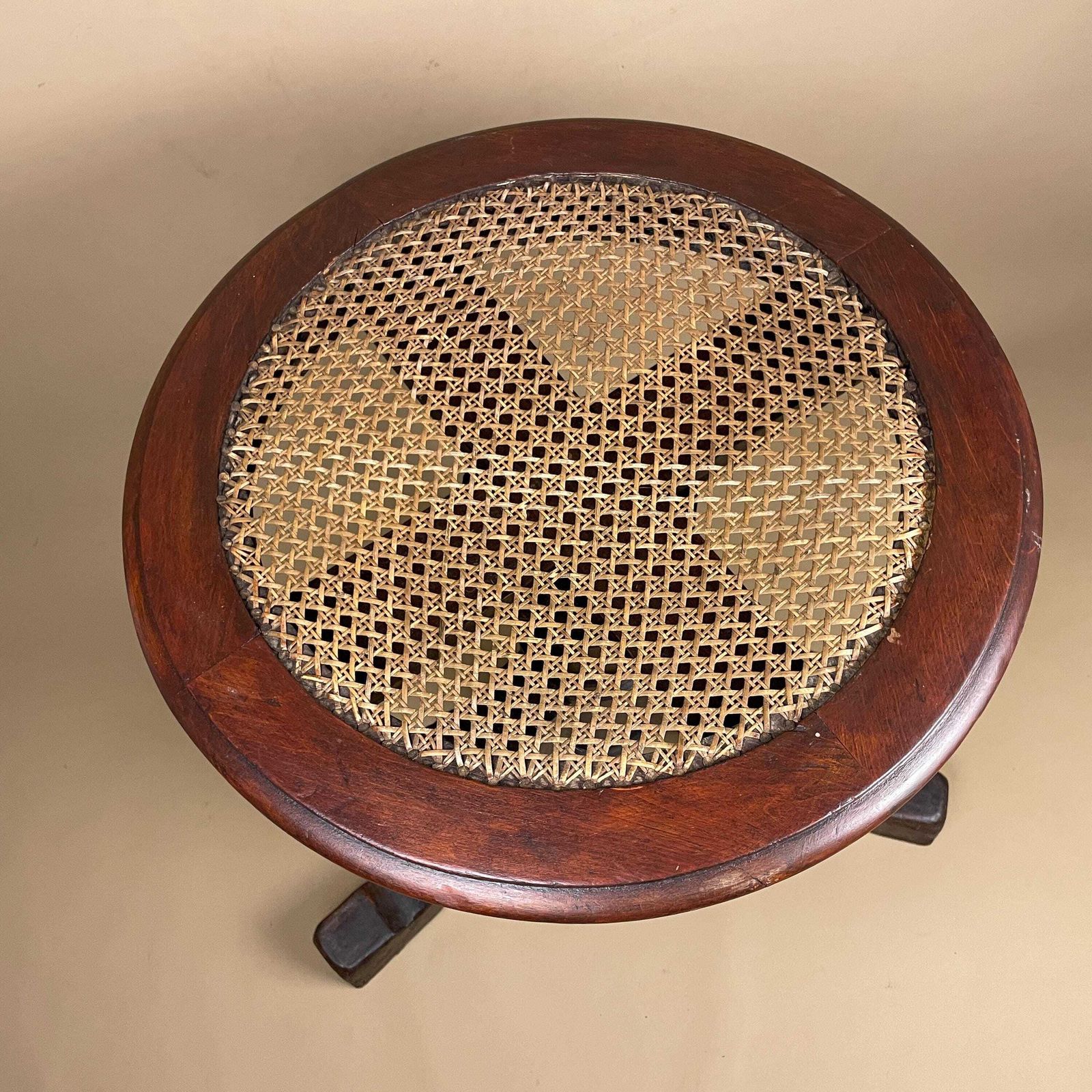 photo for sale Antique Piano Stool Cane Rattan Seat Turned Wooden Legs Adjustable Round Classic Traditional Edwardian Style