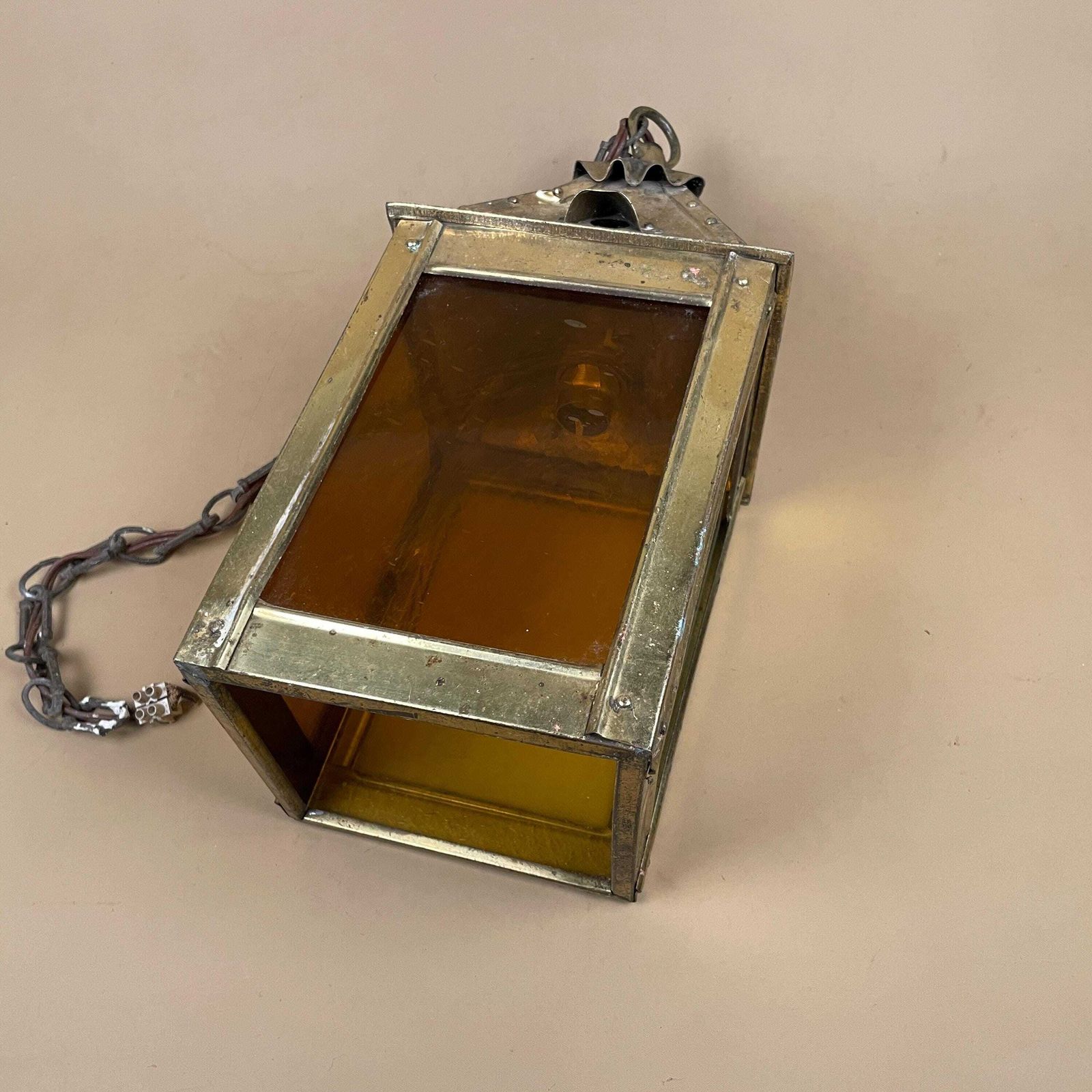 photo for sale Vintage Brass Lantern Pendant Light With Amber Glass Moroccan Rustic Style Ceiling Light