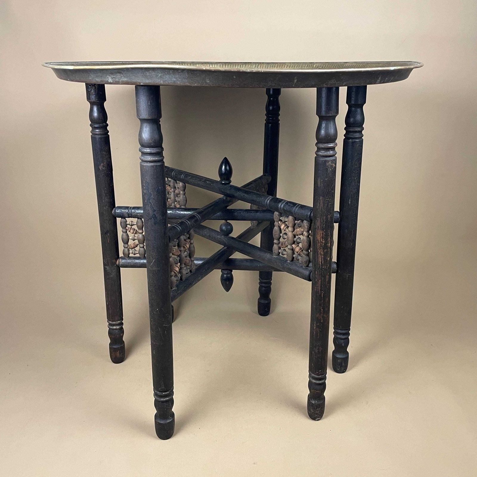 Indian Table Fold Down Wooden Legs Antique Brass Gold Metal Tray Circular Accent Intricate Decorative Patterned Round Coffee/End/Side Table photo furniture