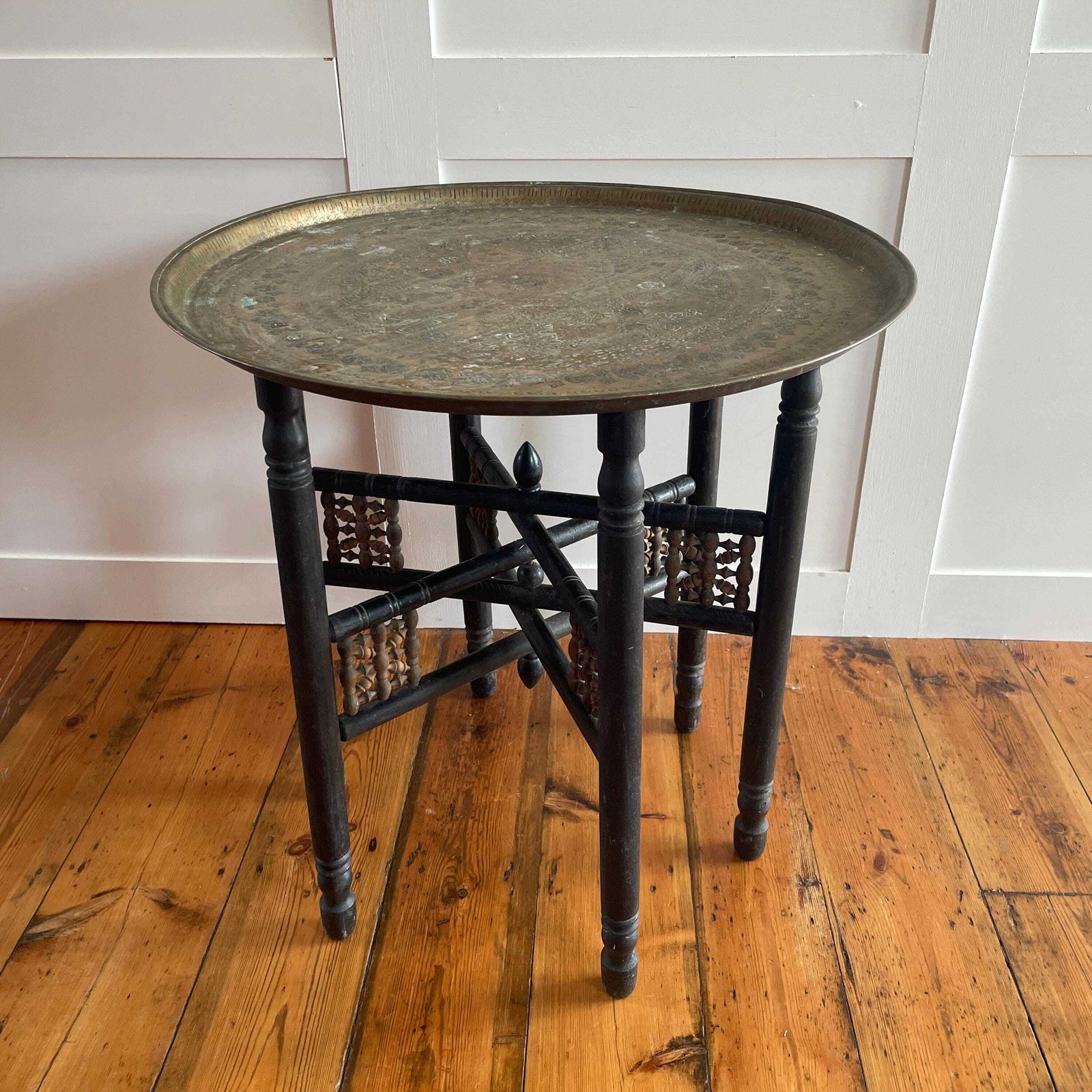 Indian Table Fold Down Wooden Legs Antique Brass Gold Metal Tray Circular Accent Intricate Decorative Patterned Round Coffee/End/Side Table photo buy