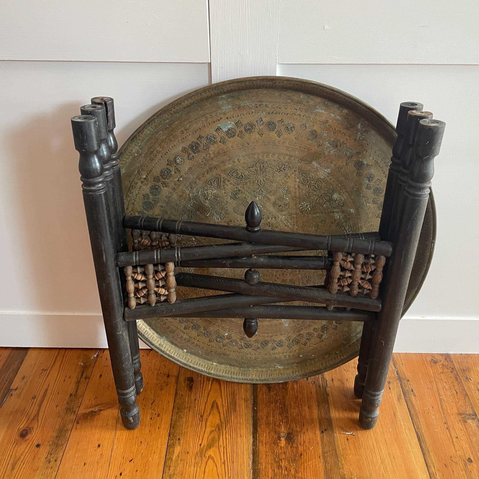 photo for sale Indian Table Fold Down Wooden Legs Antique Brass Gold Metal Tray Circular Accent Intricate Decorative Patterned Round Coffee/End/Side Table