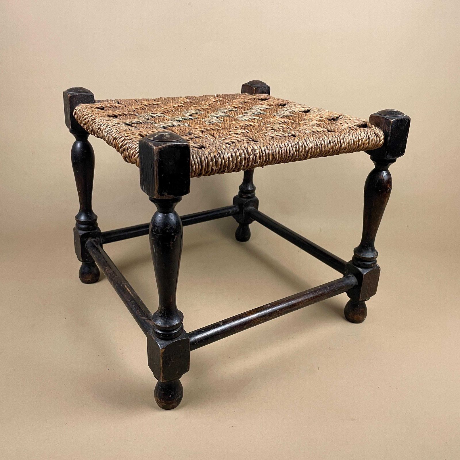 Wooden Footstool Woven Top Cottage Furniture Brown String Foot Stool Antique Farmhouse Style Entryway Hallway Accent Decorative photo furniture