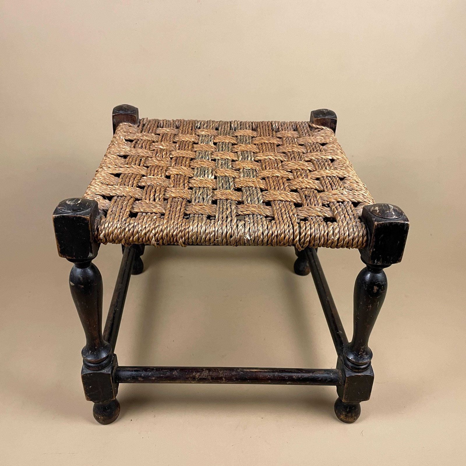 Wooden Footstool Woven Top Cottage Furniture Brown String Foot Stool Antique Farmhouse Style Entryway Hallway Accent Decorative photo vinterior
