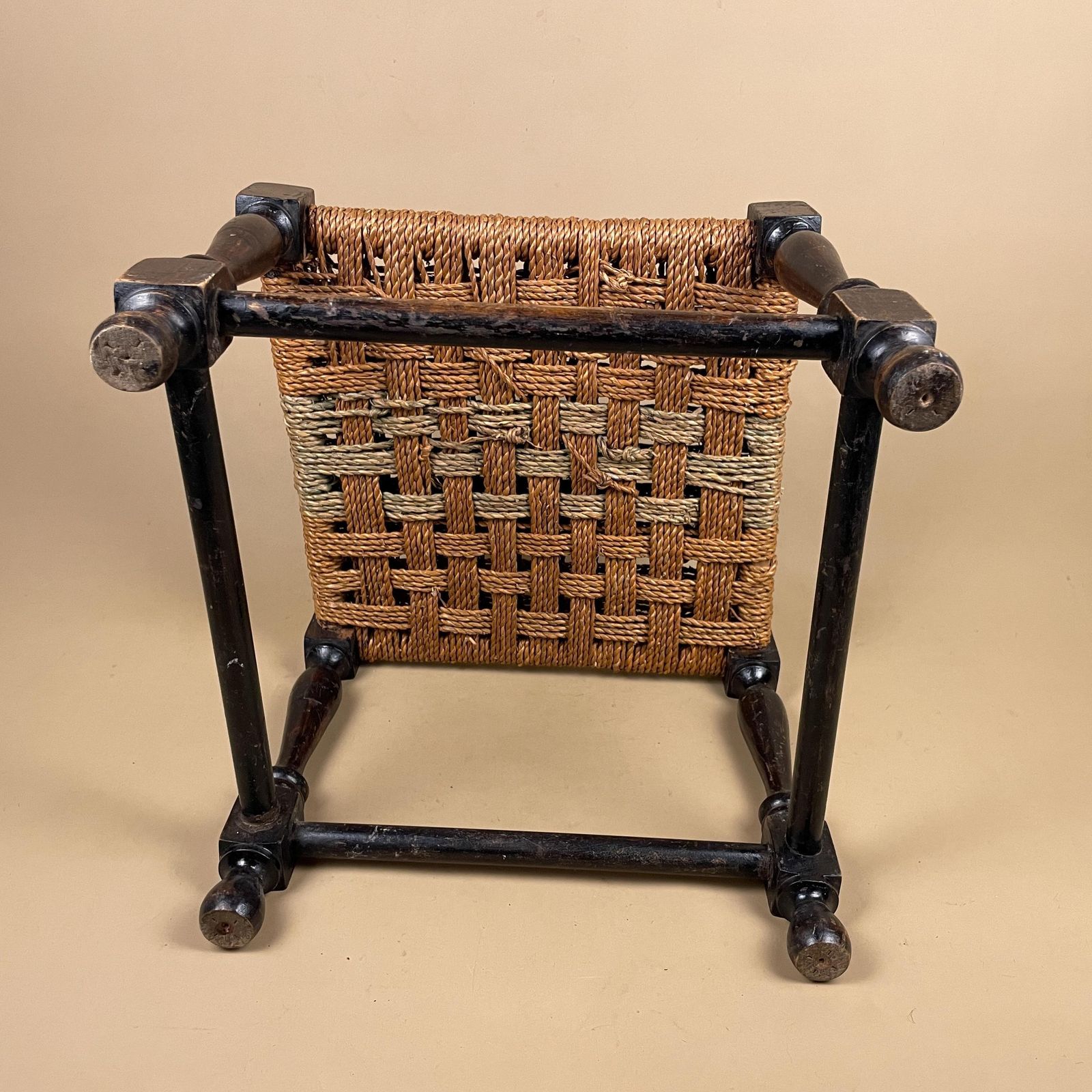 Wooden Footstool Woven Top Cottage Furniture Brown String Foot Stool Antique Farmhouse Style Entryway Hallway Accent Decorative photo vintage