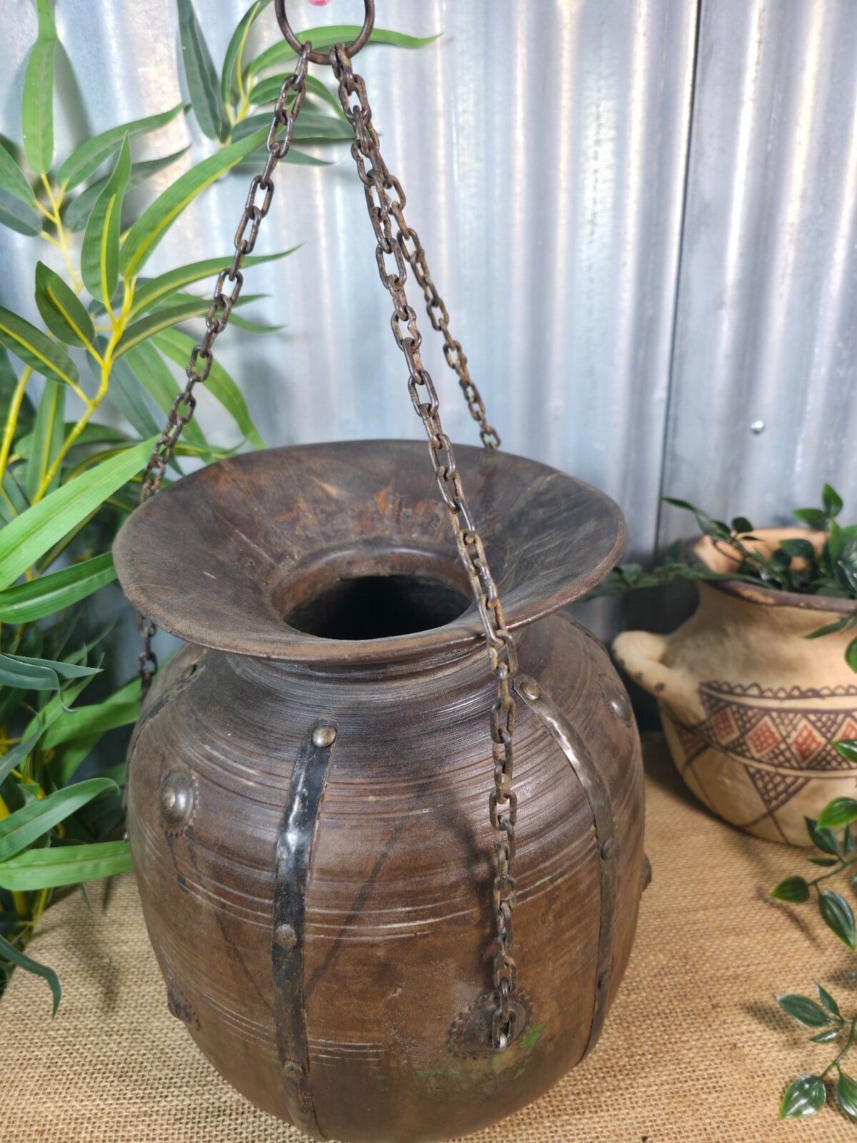 Vintage Antique Wabi Sabi Rustic Hanging Nepalese Wooden Water Curd Pot Vase photo buy