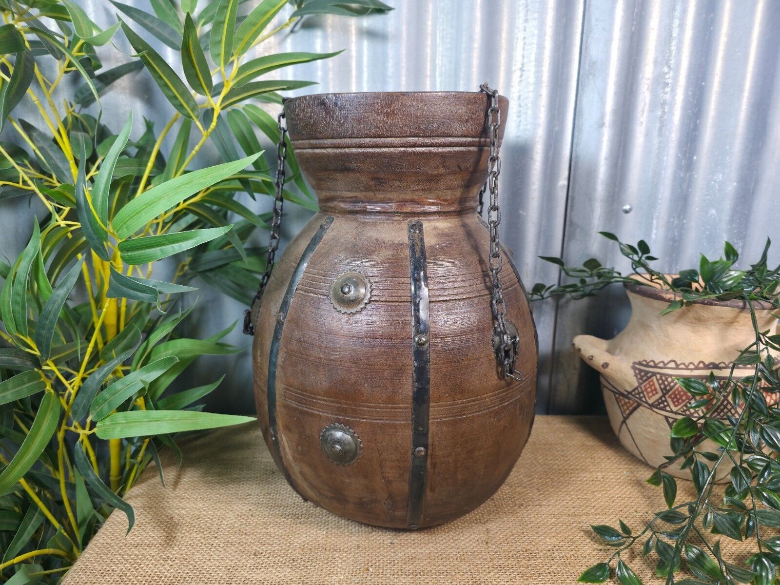 Vintage Antique Wabi Sabi Rustic Hanging Nepalese Wooden Water Curd Pot Vase