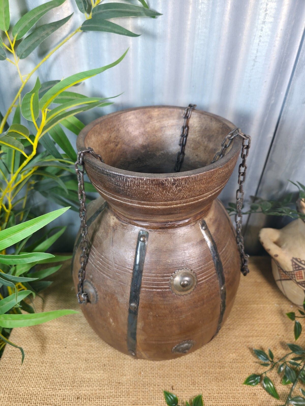 Vintage Antique Wabi Sabi Rustic Hanging Nepalese Wooden Water Curd Pot Vase photo for sale