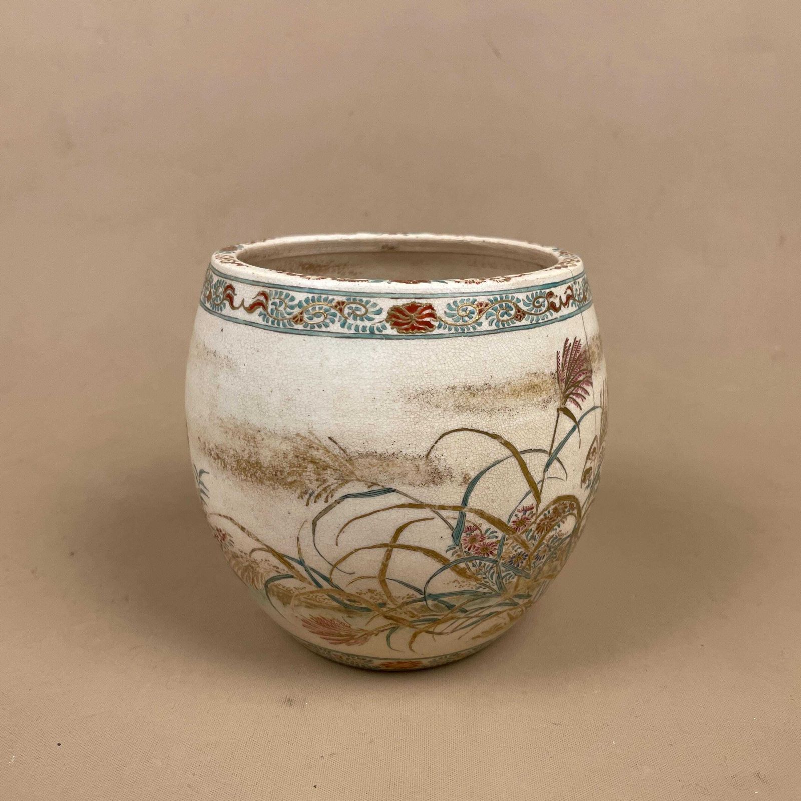 Vintage Japanese Satsuma Vase Hand Painted Crackle Glaze Bird Floral Display Jar Oriental Asian Old Aged Decorative