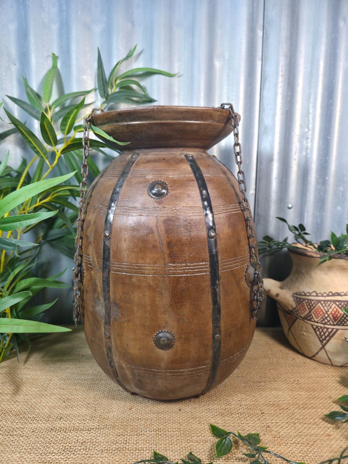 Vintage Antique Wabi Sabi Rustic Hanging Nepalese Wooden Water Curd Pot Vase photo furniture