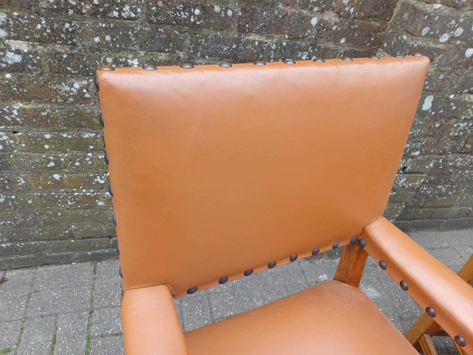 Pair Vintage Oak Carver Chairs Mid Century Dining Armchairs Studded Tan Vinyl Upholstery Post War Solid Wood Seats photo vintage