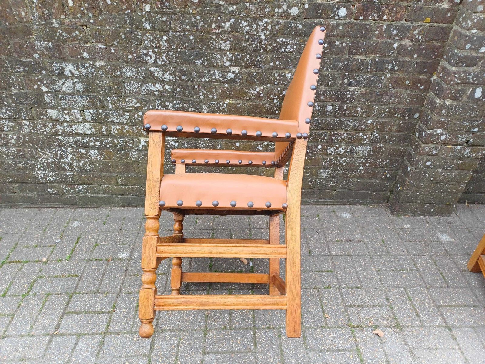 photo buy Pair Vintage Oak Carver Chairs Mid Century Dining Armchairs Studded Tan Vinyl Upholstery Post War Solid Wood Seats