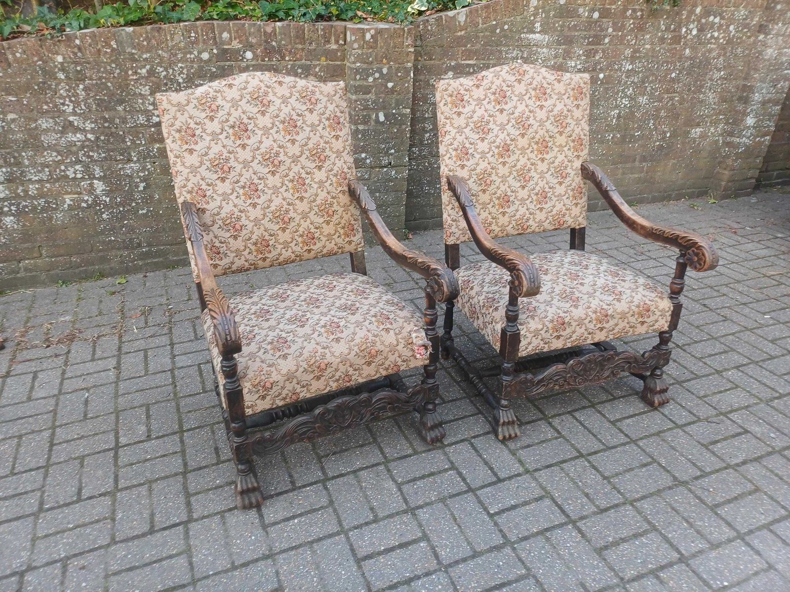 Massive Pair 1920s Antique Carver Chairs Vintage Carved Detail Floral Upholstery Original Fabric