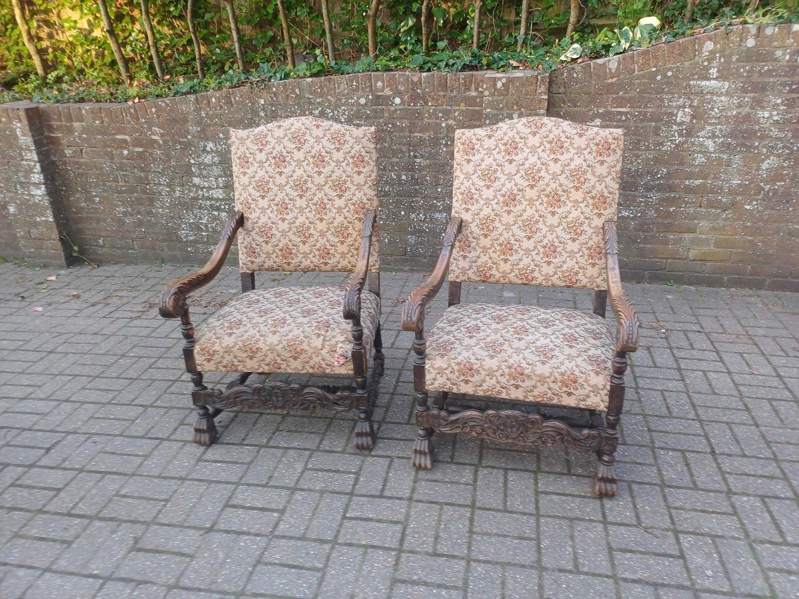 Massive Pair 1920s Antique Carver Chairs Vintage Carved Detail Floral Upholstery Original Fabric photo 695.0